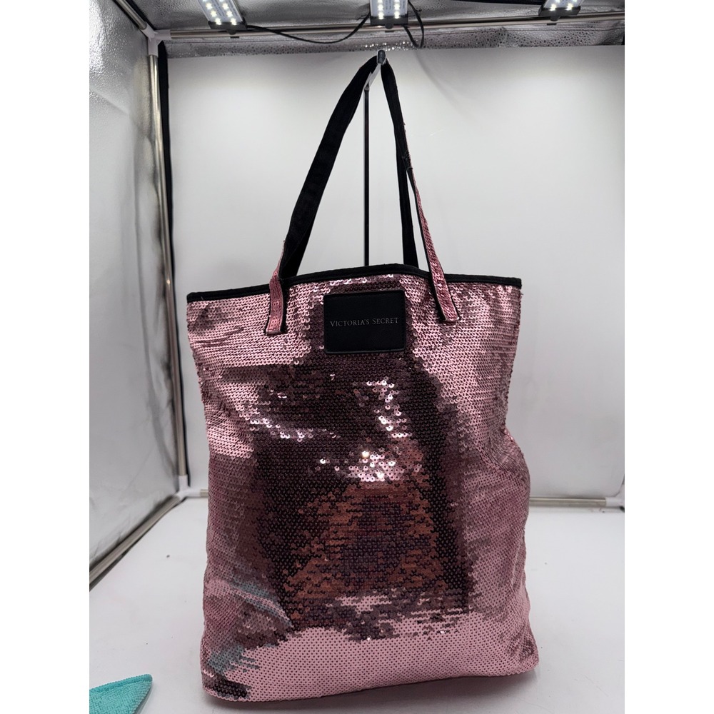Victoria's Secret Pink Sequin Tote Bag Shimmer Glam Shoulder Bag Black Trim